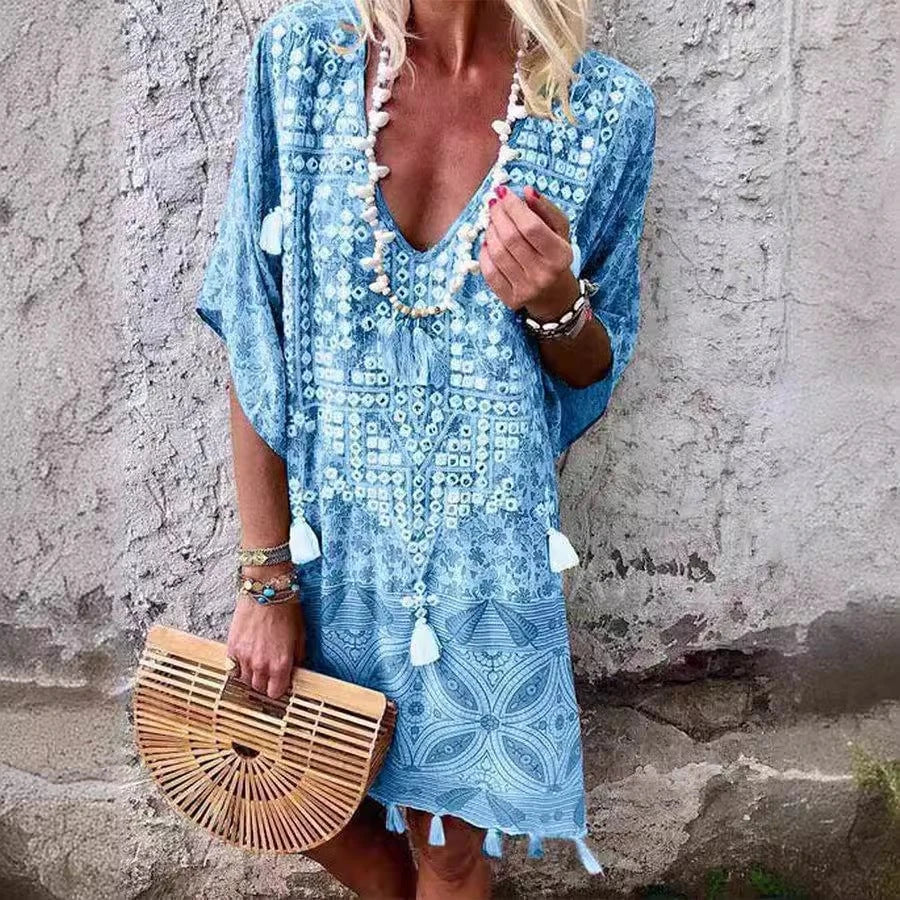 Women Boho-Chic Kaftan with V-neck and Tassel Details