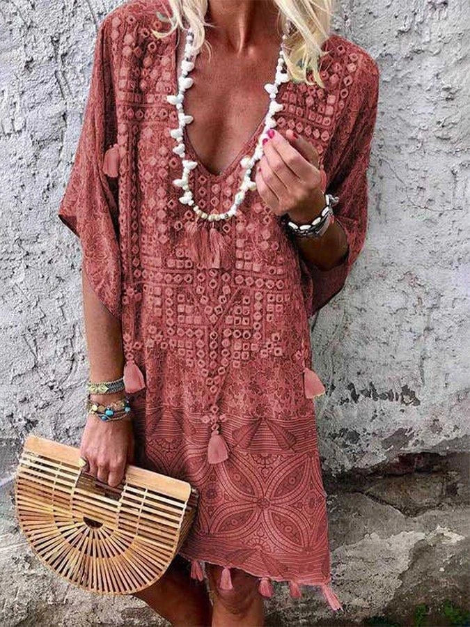 Women Boho-Chic Kaftan with V-neck and Tassel Details