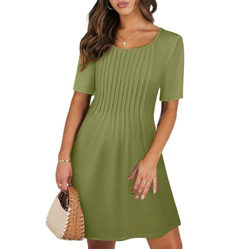 Ladies Pleated A-Line Dress with Soft Short Sleeves