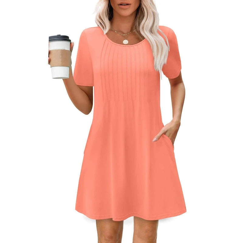 Ladies Pleated A-Line Dress with Soft Short Sleeves