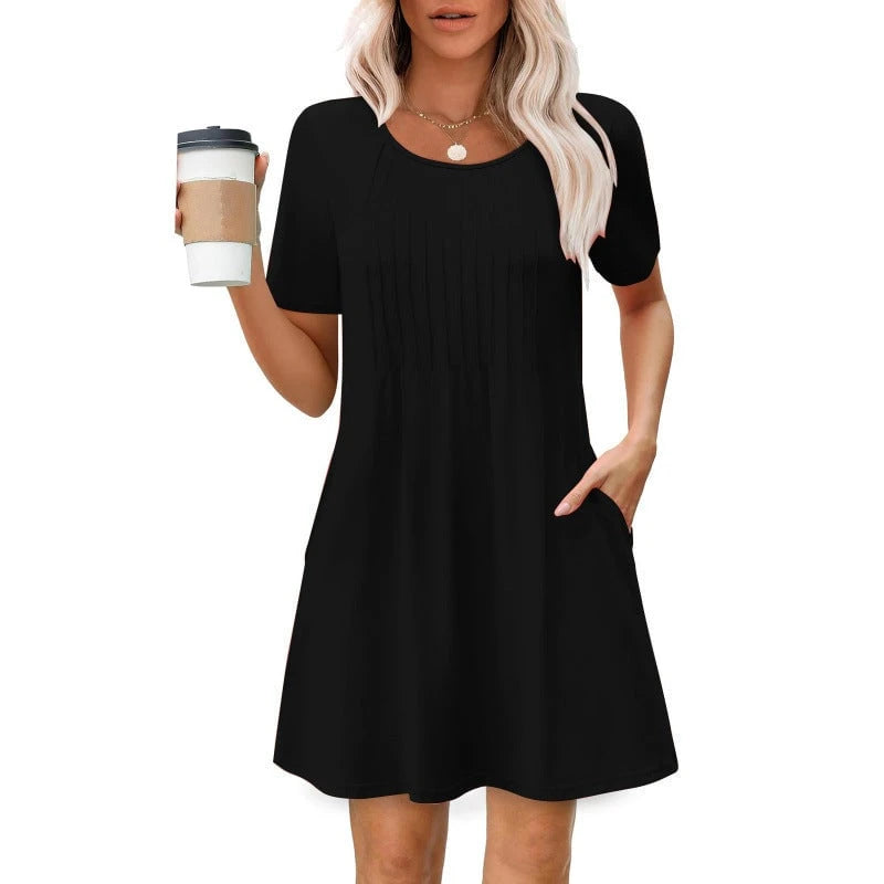Ladies Pleated A-Line Dress with Soft Short Sleeves