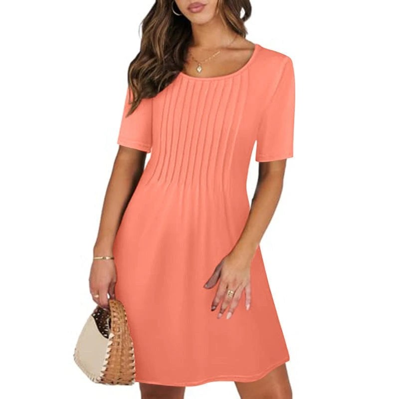 Ladies Pleated A-Line Dress with Soft Short Sleeves