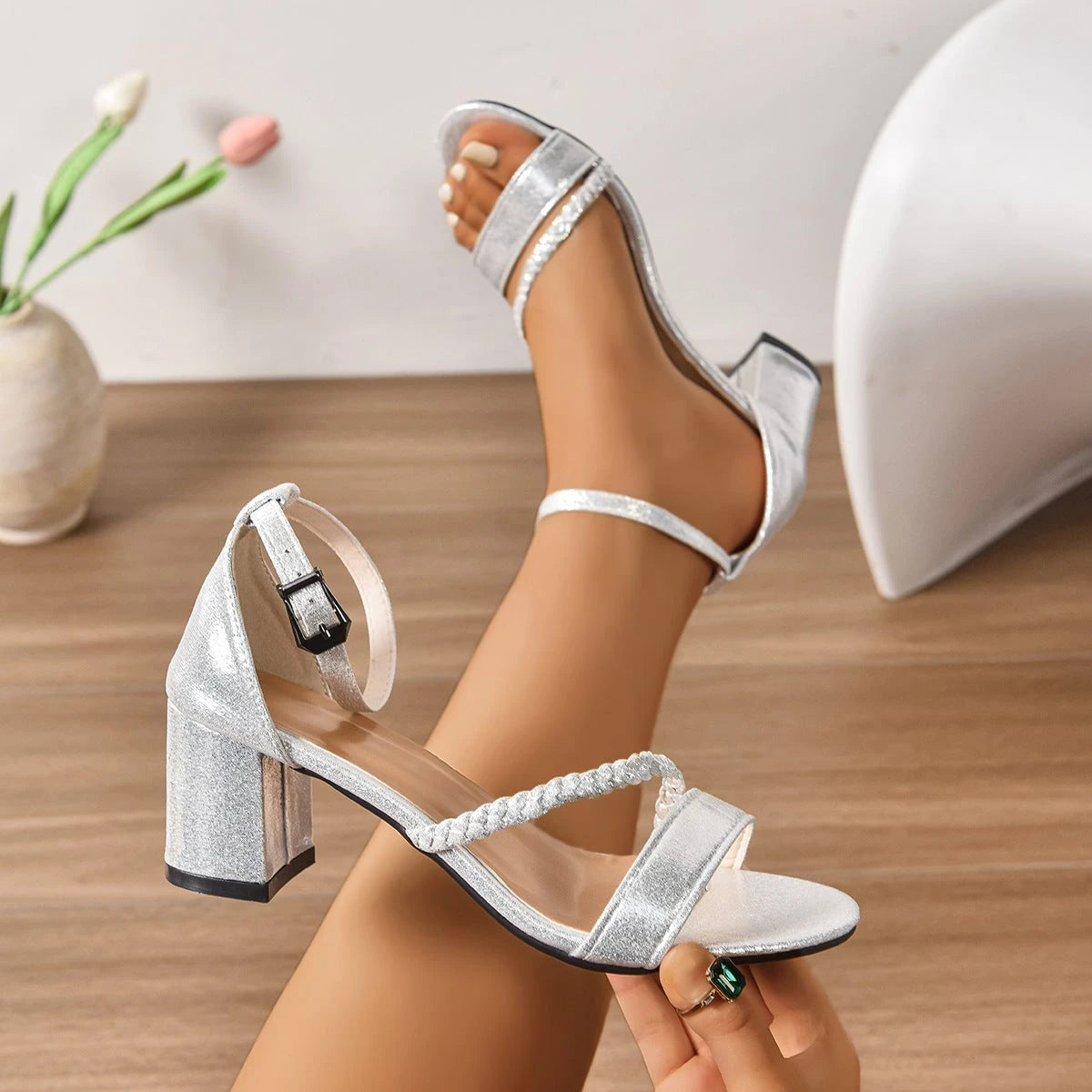 Women Strappy Block Heel Sandals with Chic Braided Design