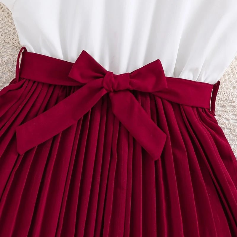 Girls Pleated Skirt Dress with Puff Sleeves and Waist Knot