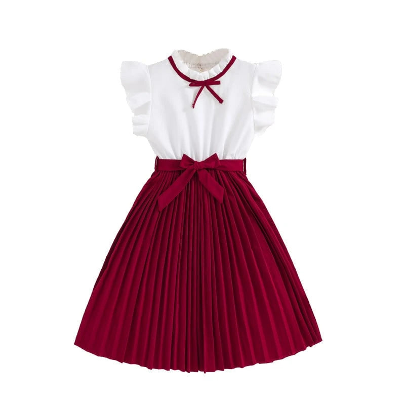 Girls Pleated Skirt Dress with Puff Sleeves and Waist Knot