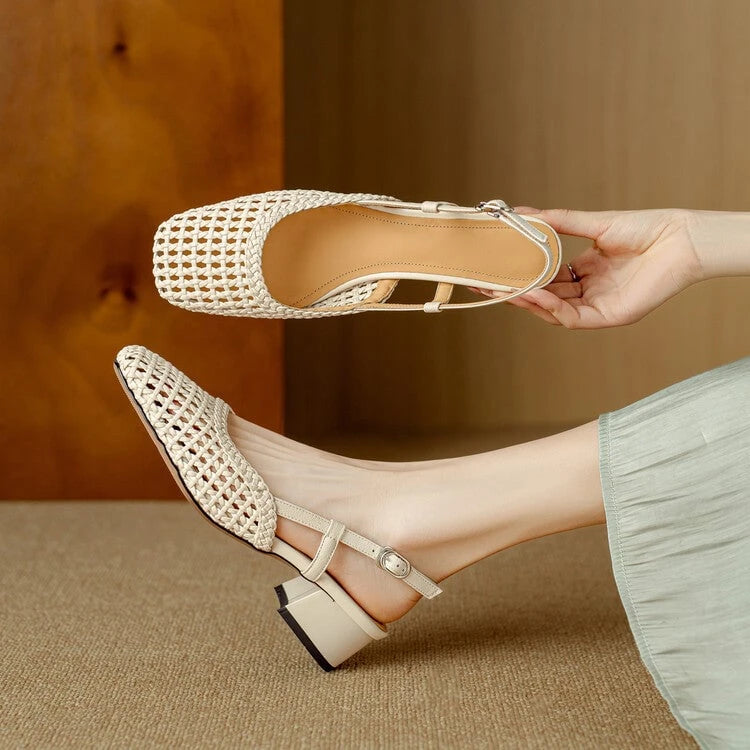 Women's Slingback Sandals with Braided Design and Elegant Block Heel
