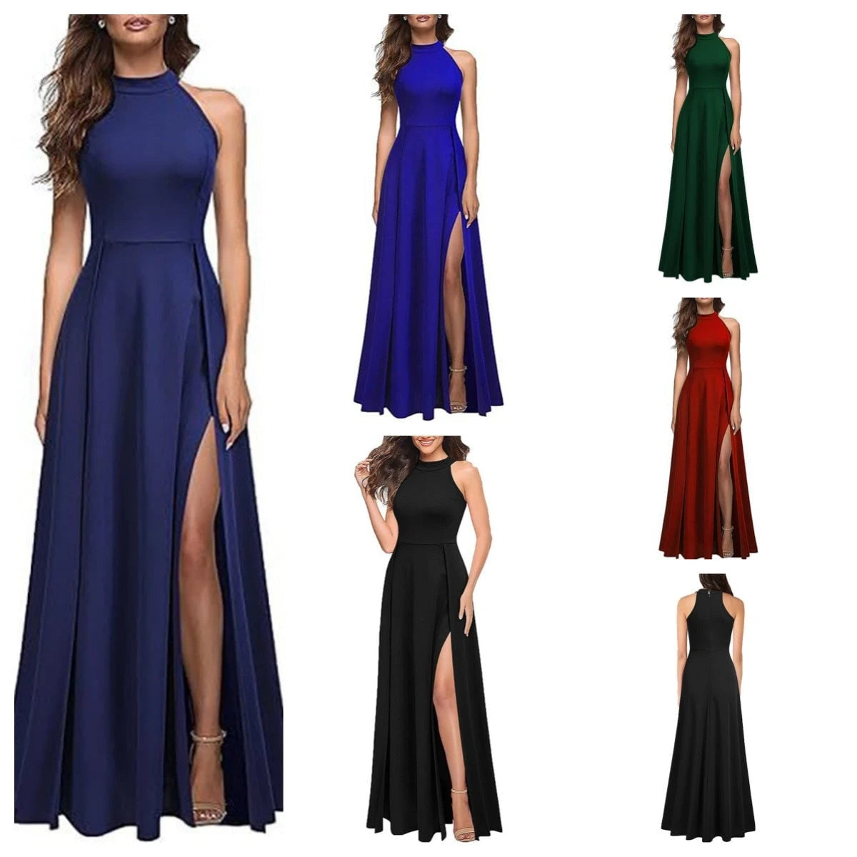 Women's maxi dress with side slit and elegant collar