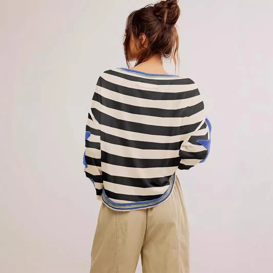 Women Casual Sweatshirt with Striped Design and Star Applications