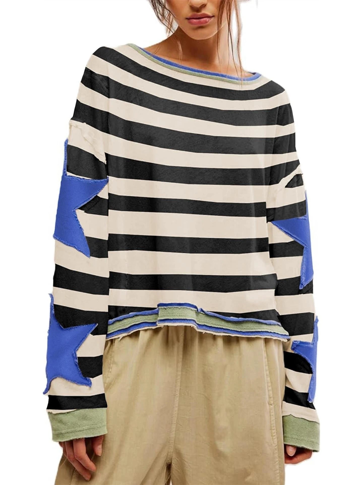 Women Casual Sweatshirt with Striped Design and Star Applications