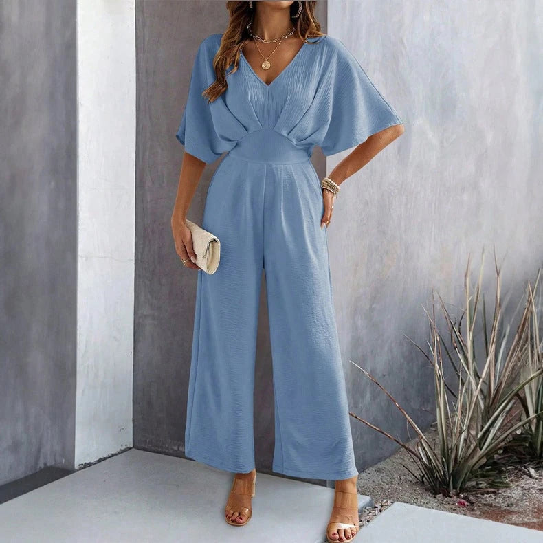 Ladies Wide Cut Jumpsuit with Elegant Draping and V-Neck