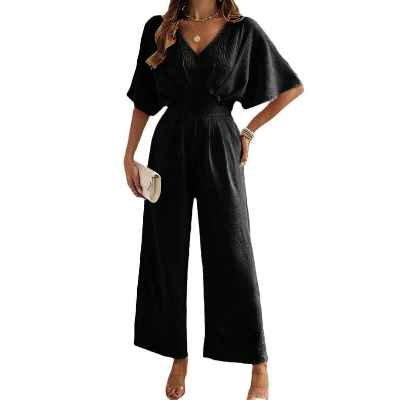 Ladies Wide Cut Jumpsuit with Elegant Draping and V-Neck