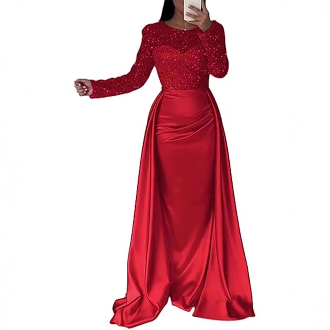 Women's Glamorous Evening Dress with Sparkling Beads and Flowing Skirt