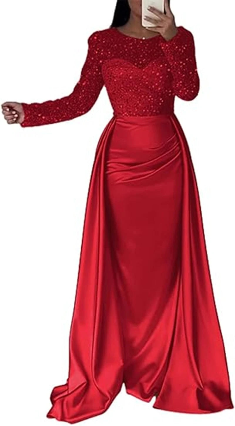 Women's Glamorous Evening Dress with Sparkling Beads and Flowing Skirt