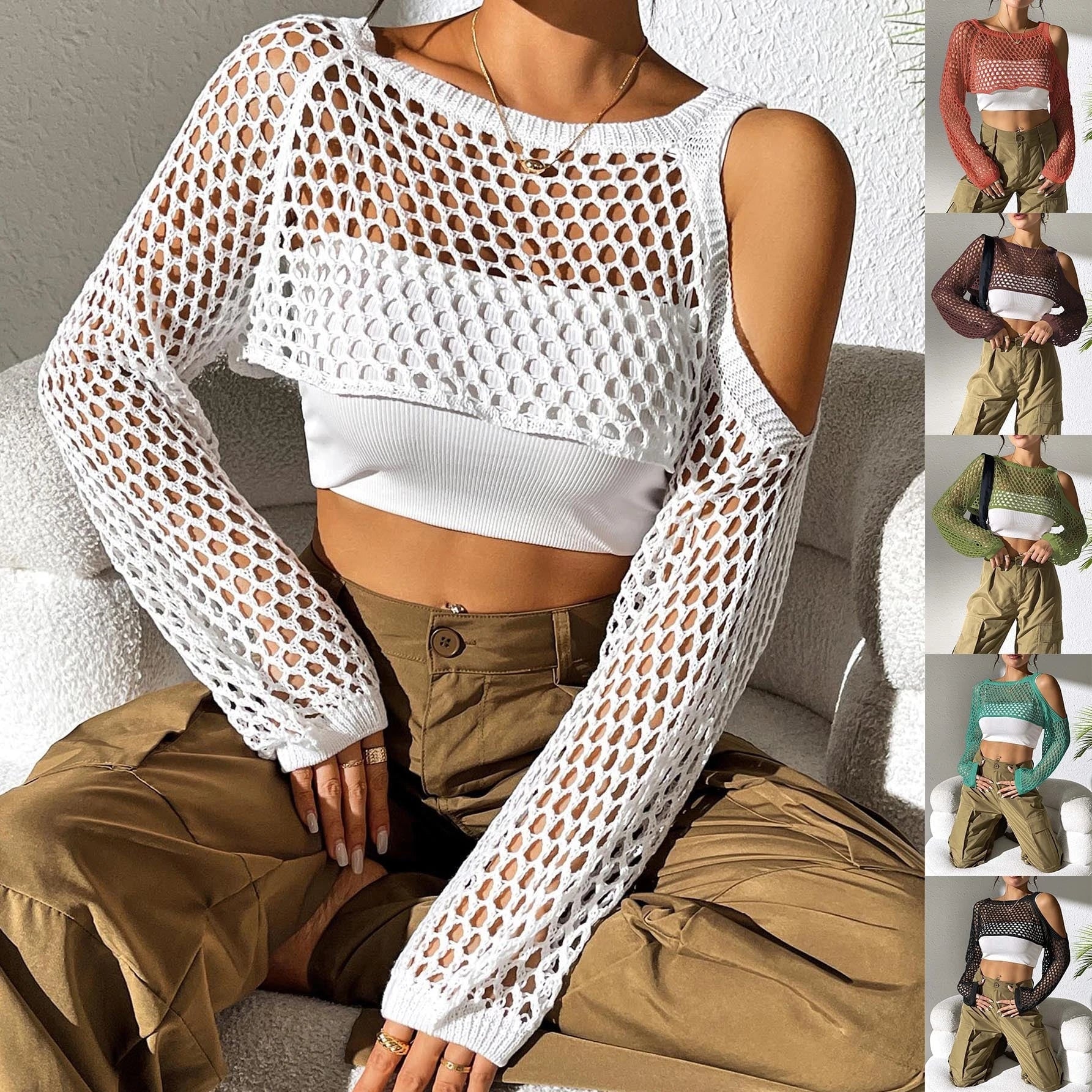Women’s casual net sweater with open shoulders and loose fit