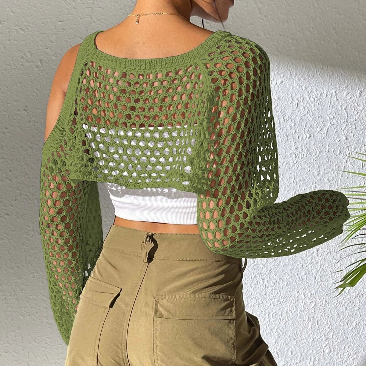 Women’s casual net sweater with open shoulders and loose fit