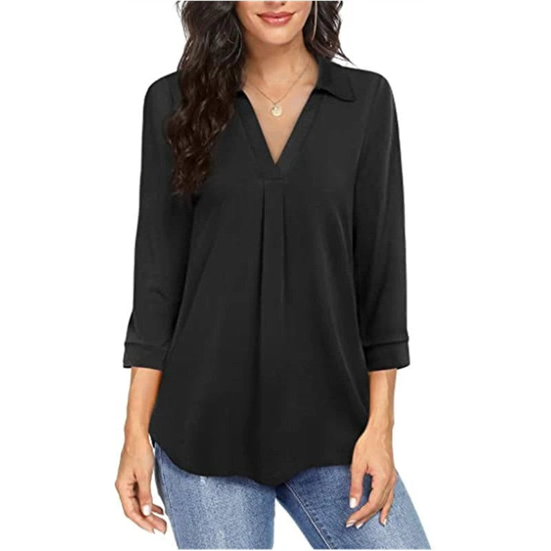 Women's blouse with modern V-neck and elegant pleats