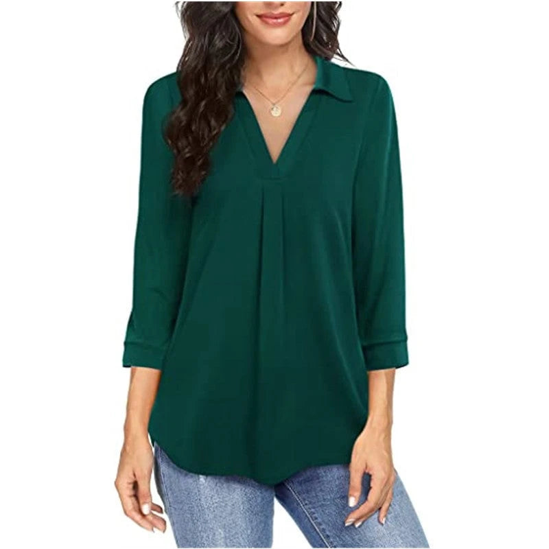 Women's blouse with modern V-neck and elegant pleats