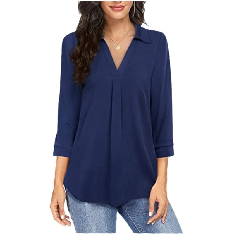 Women's blouse with modern V-neck and elegant pleats