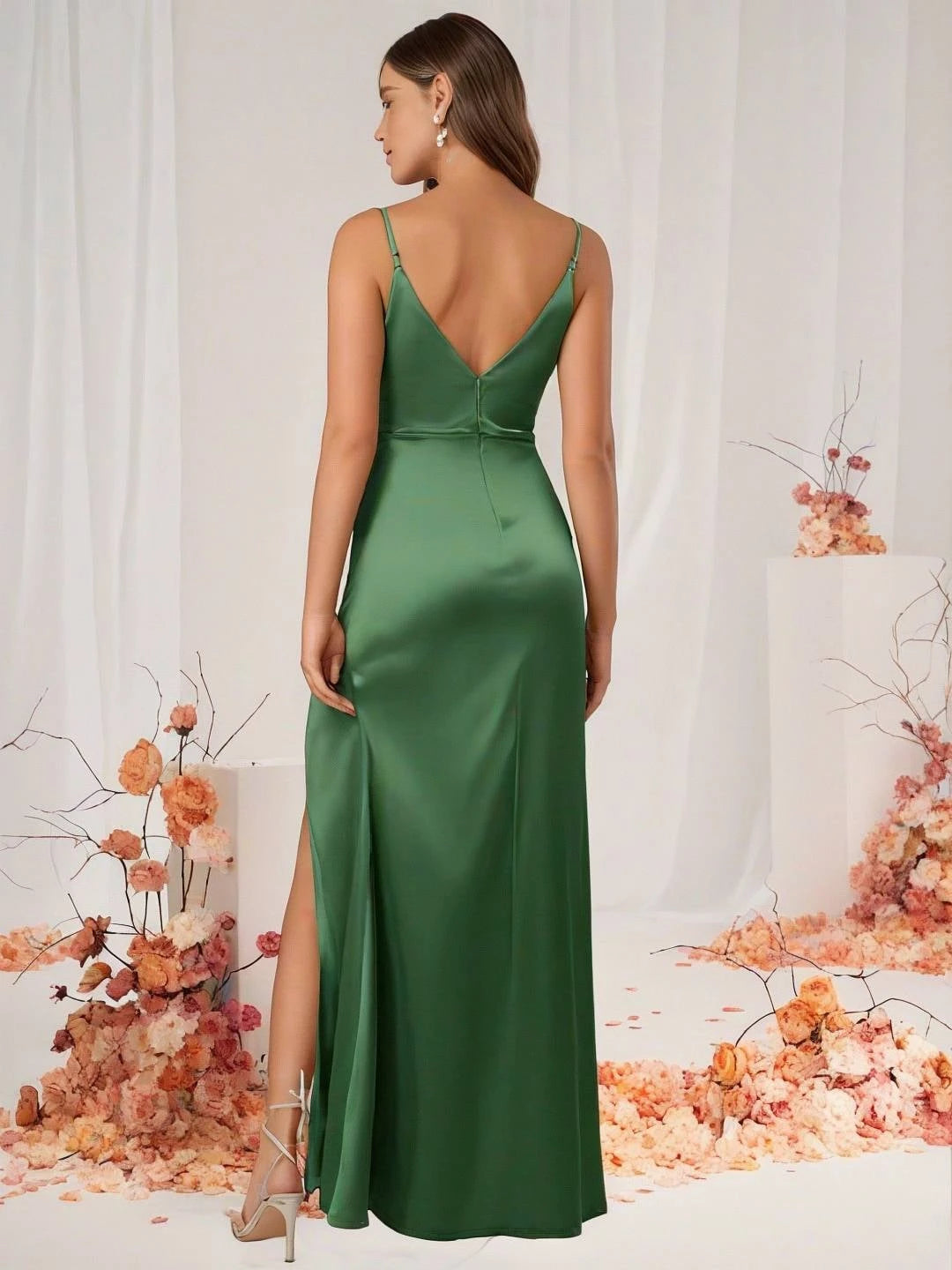 Bridesmaid Dress Satin V Neck Split Back Sleeveless Evening Guest Wedding Dress