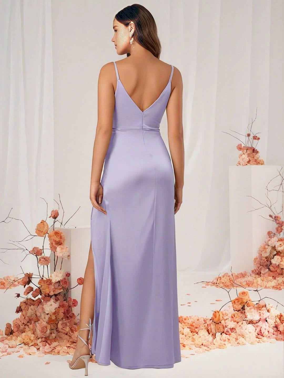 Bridesmaid Dress Satin V Neck Split Back Sleeveless Evening Guest Wedding Dress
