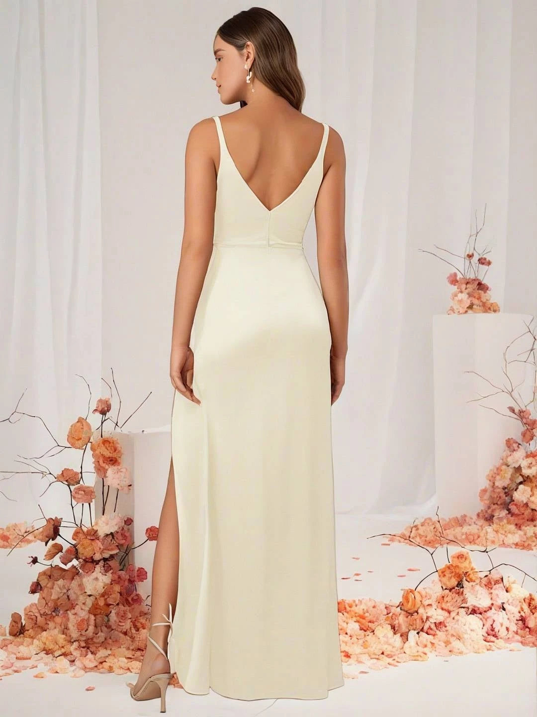 Bridesmaid Dress Satin V Neck Split Back Sleeveless Evening Guest Wedding Dress