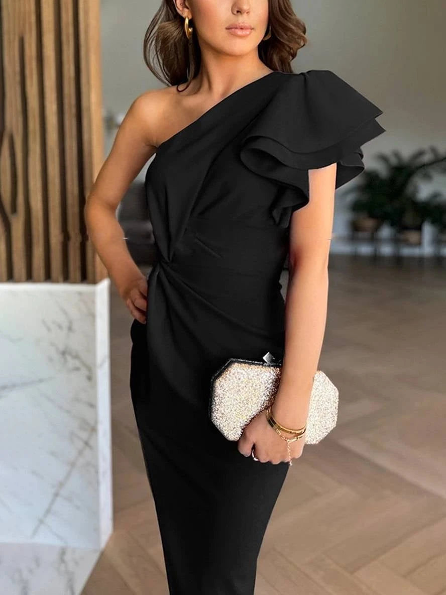 Figure-hugging bridesmaid dress with one strap slit layered ruffles neckline bow evening dress