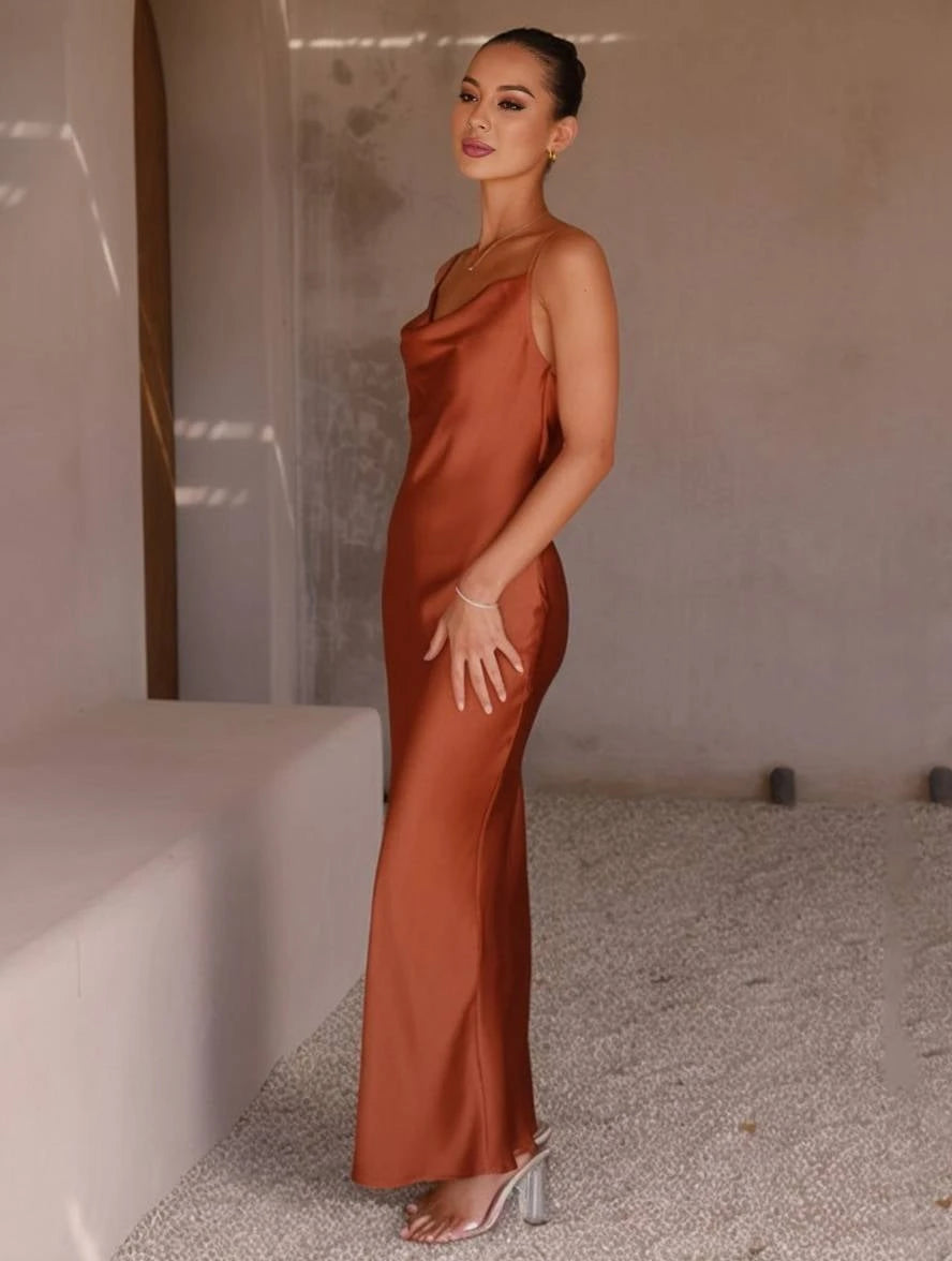 Dress Bridesmaid Satin Fitted Backless with Fine Straps Elegant Women Evening Party Wedding Guest