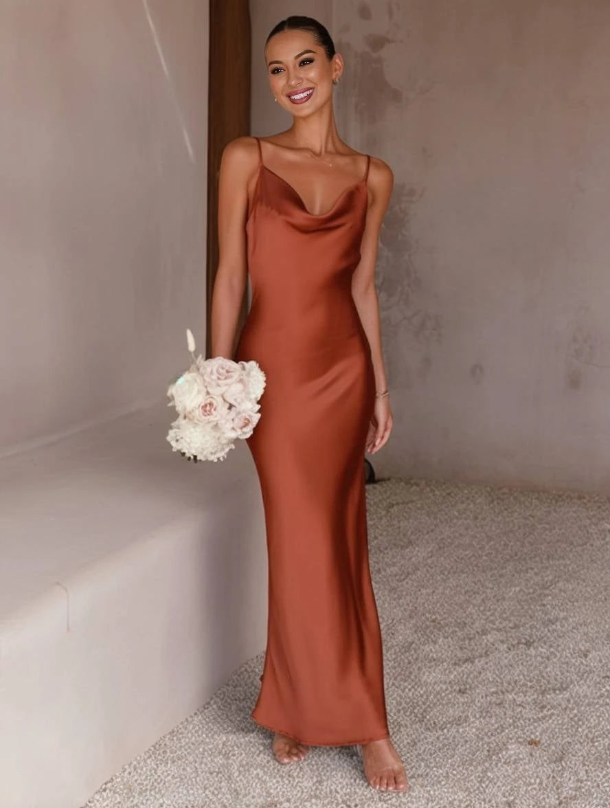 Dress Bridesmaid Satin Fitted Backless with Fine Straps Elegant Women Evening Party Wedding Guest