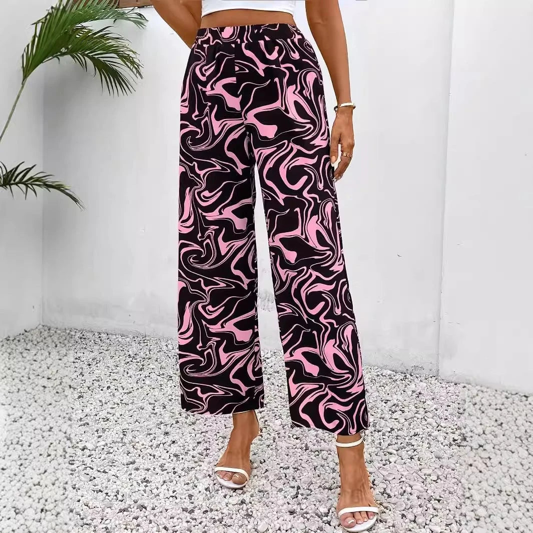 Ladies Wide Palazzo Pants with Modern Marble Print and Elastic Waistband