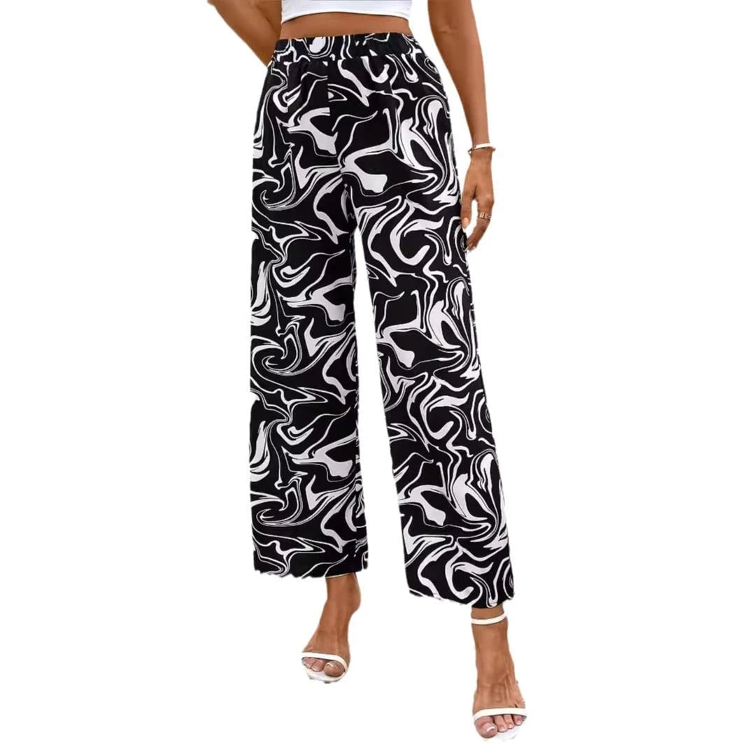 Ladies Wide Palazzo Pants with Modern Marble Print and Elastic Waistband