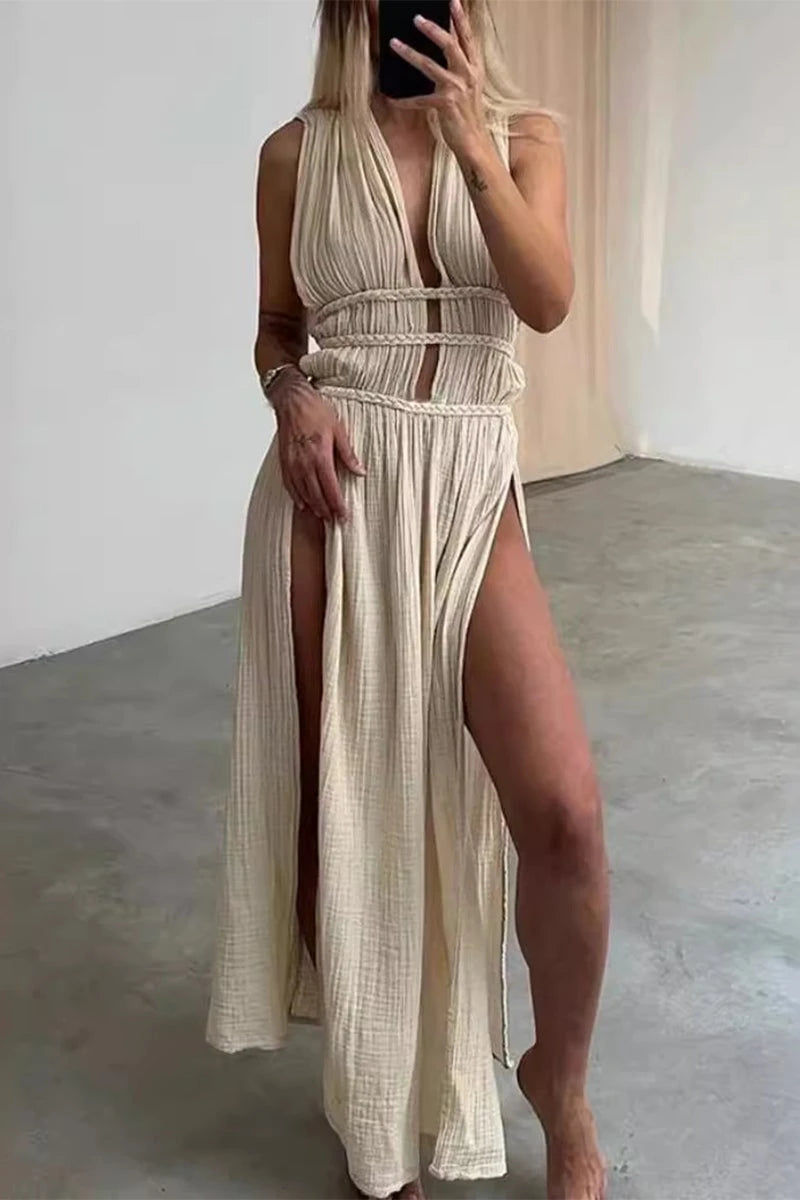 Sexy Bohemian Solid Color Split V-Neck Beach Dresses
