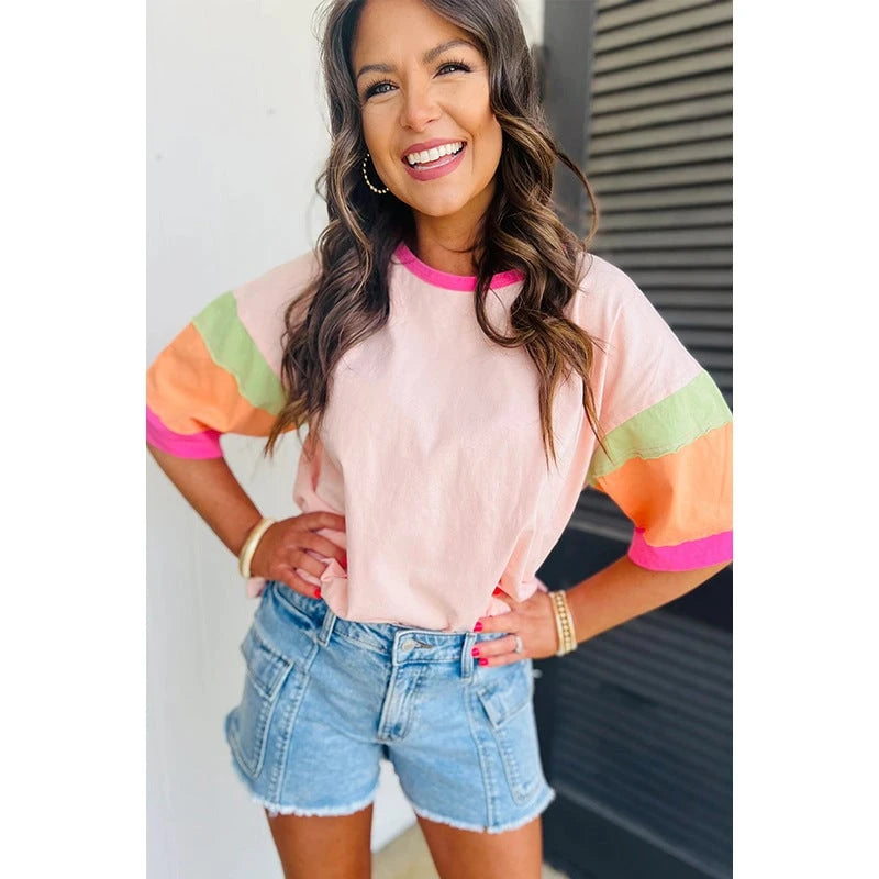 Women's Casual T-Shirt with Colorful Sleeves