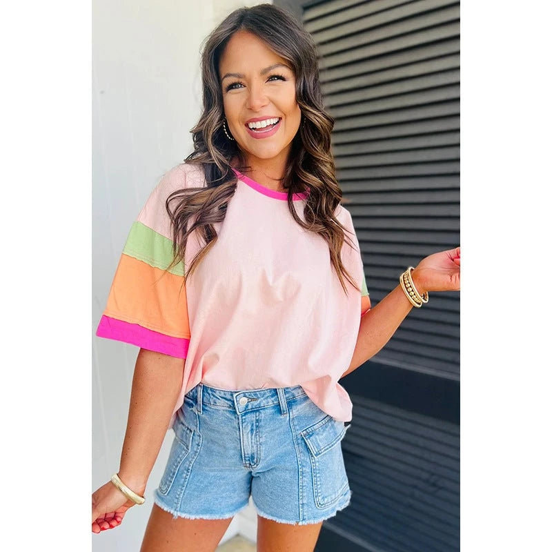 Women's Casual T-Shirt with Colorful Sleeves