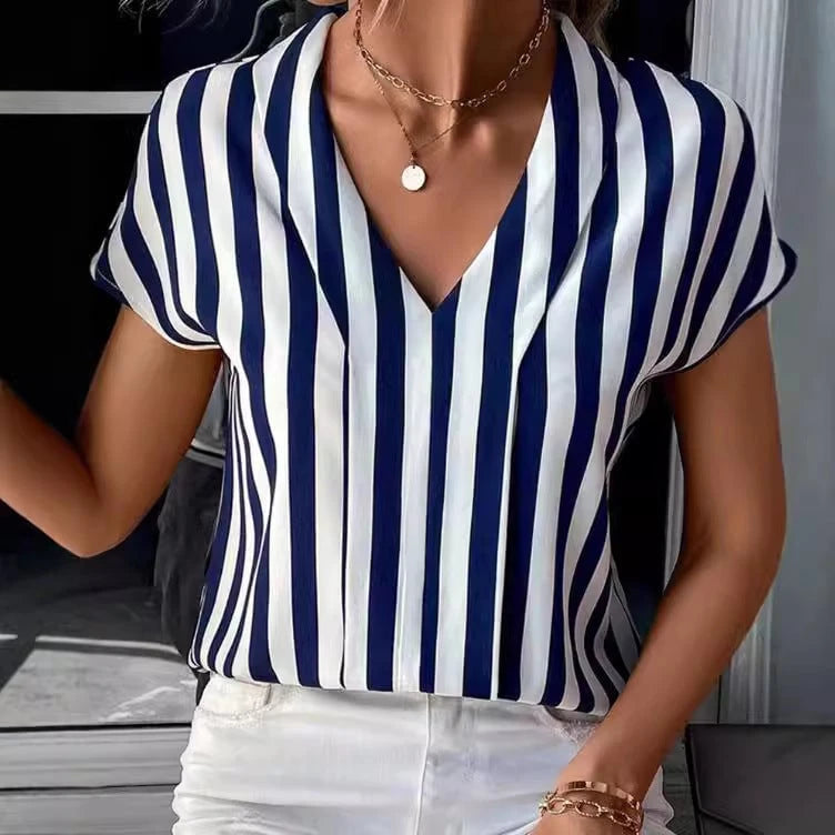 Women's blouse in elegant striped design with modern V-neck and short sleeves