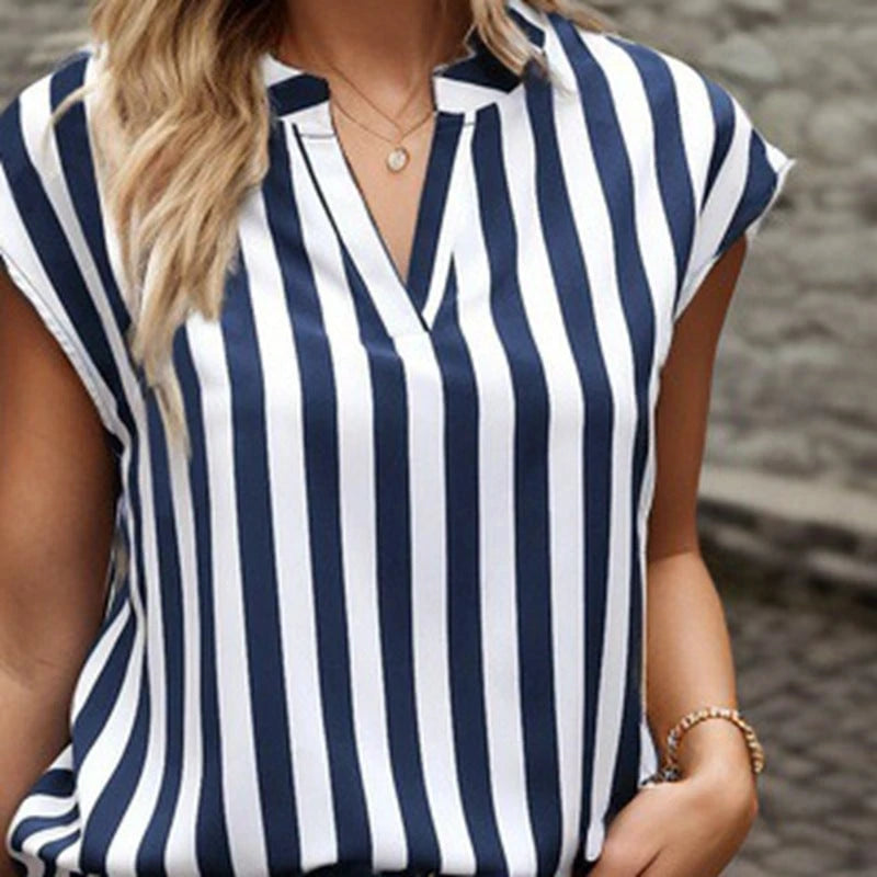 Women's blouse in elegant striped design with modern V-neck and short sleeves