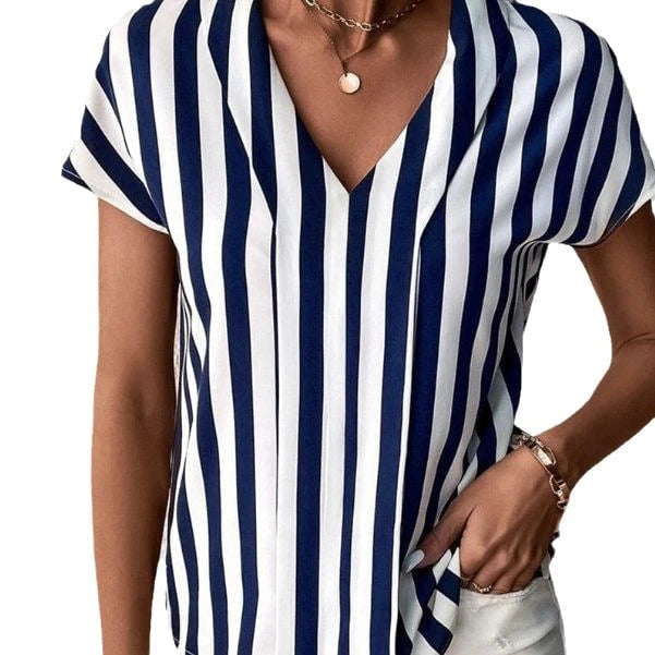 Women's blouse in elegant striped design with modern V-neck and short sleeves