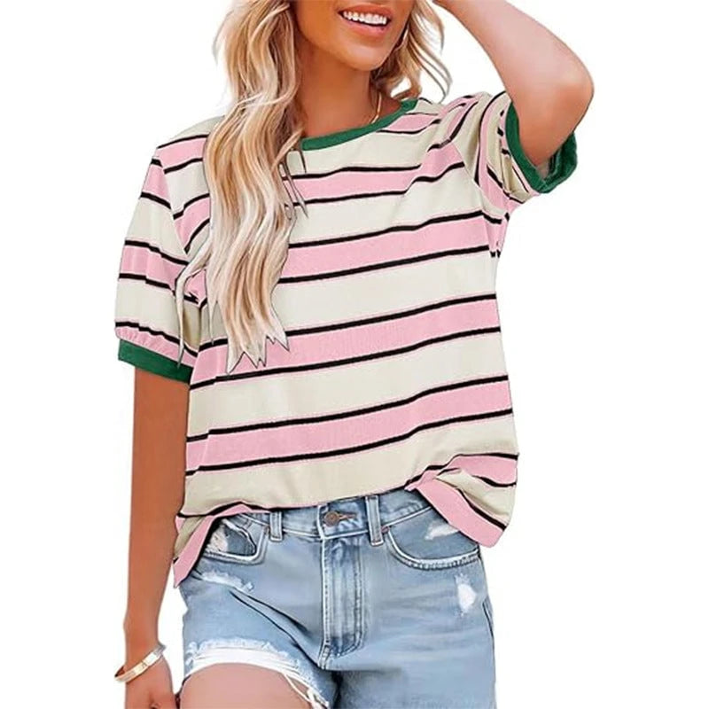 Women's casual striped T-shirt with short sleeves and round neck