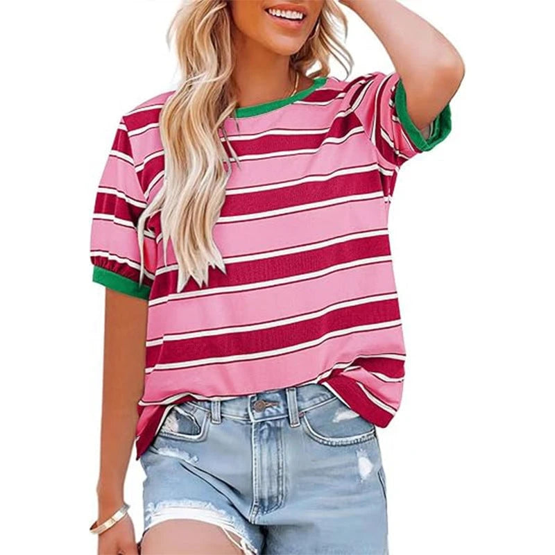 Women's casual striped T-shirt with short sleeves and round neck