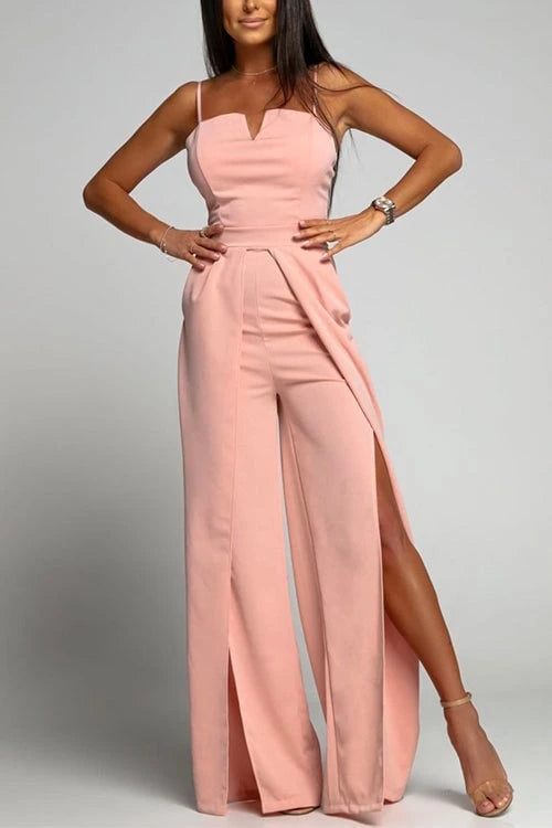 High Waist Slit Flowing Wide Leg Cami Jumpsuit