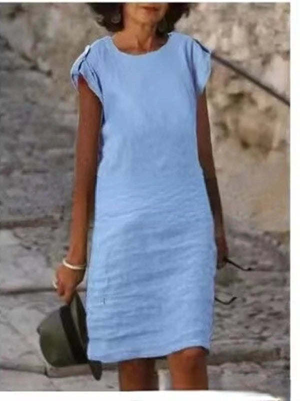 Midi dress for women in colorful cotton-linen sleeveless with round neck