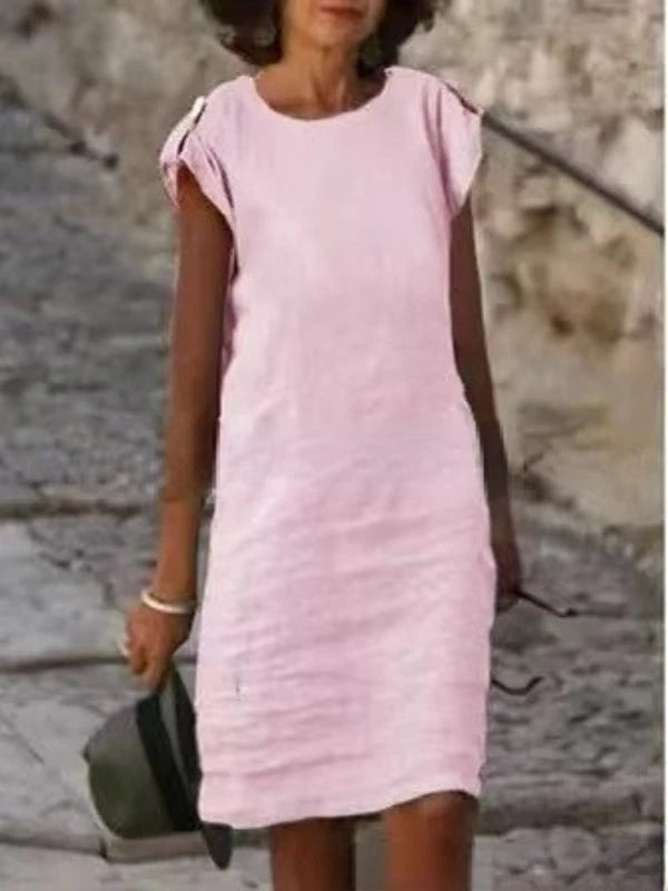 Midi dress for women in colorful cotton-linen sleeveless with round neck