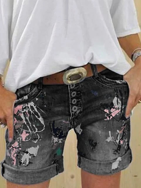 Multi Button Print Denim Shorts