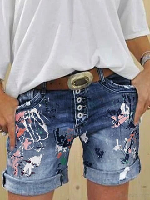 Multi Button Print Denim Shorts