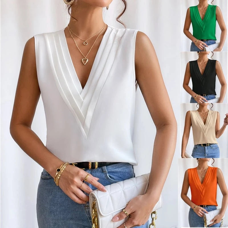 Women's Sleeveless V-Neck Top with Pleat Details