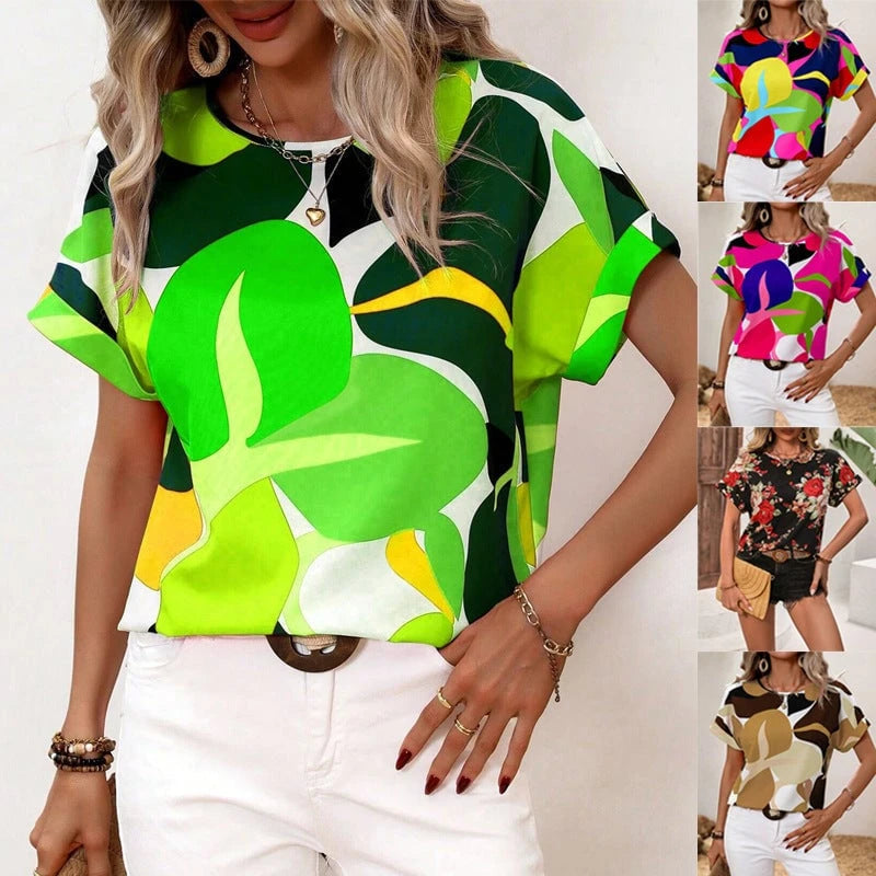 Women's casual blouse top with modern botanical print and loose fit