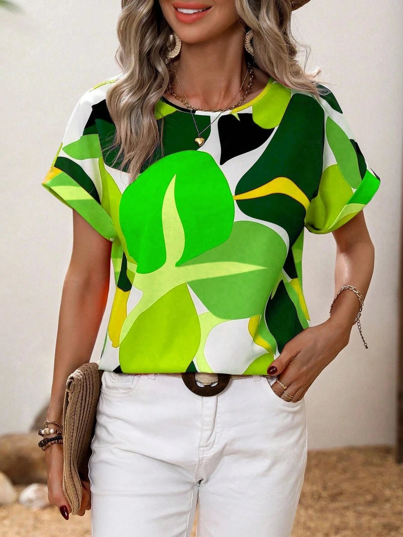 Women's casual blouse top with modern botanical print and loose fit