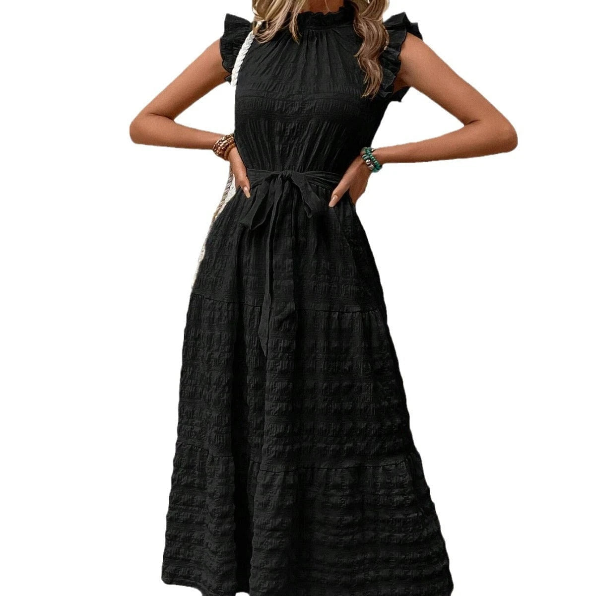 Women's wrap dress with ruffle details and flared dress hem