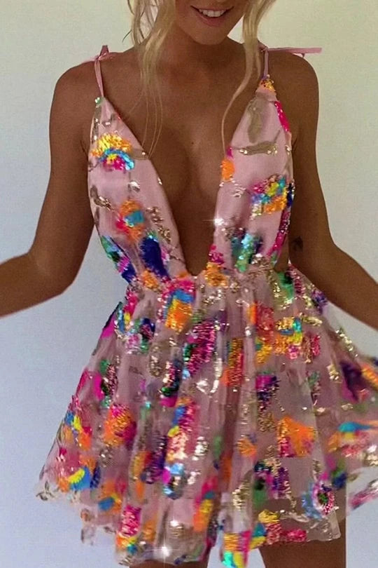 V-Neck Open Back Sequin Floral Tie A-Line Mini Dress