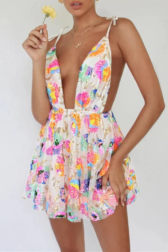 V-Neck Open Back Sequin Floral Tie A-Line Mini Dress