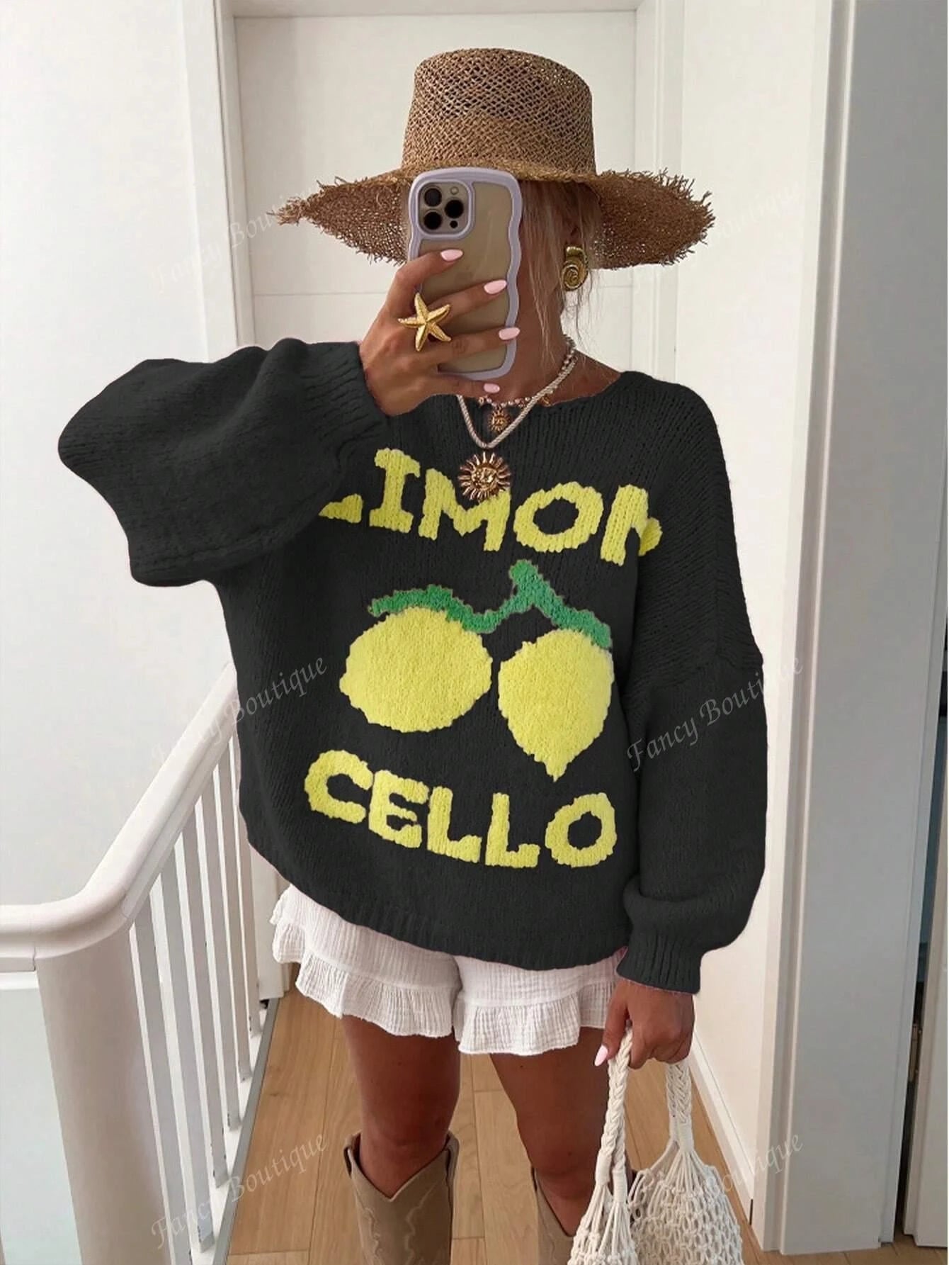 Knit sweater with lemon print for women